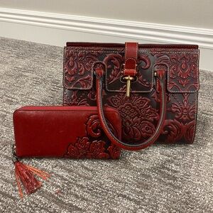 Genuine Leather Handbag and Wallet Red/Maroon